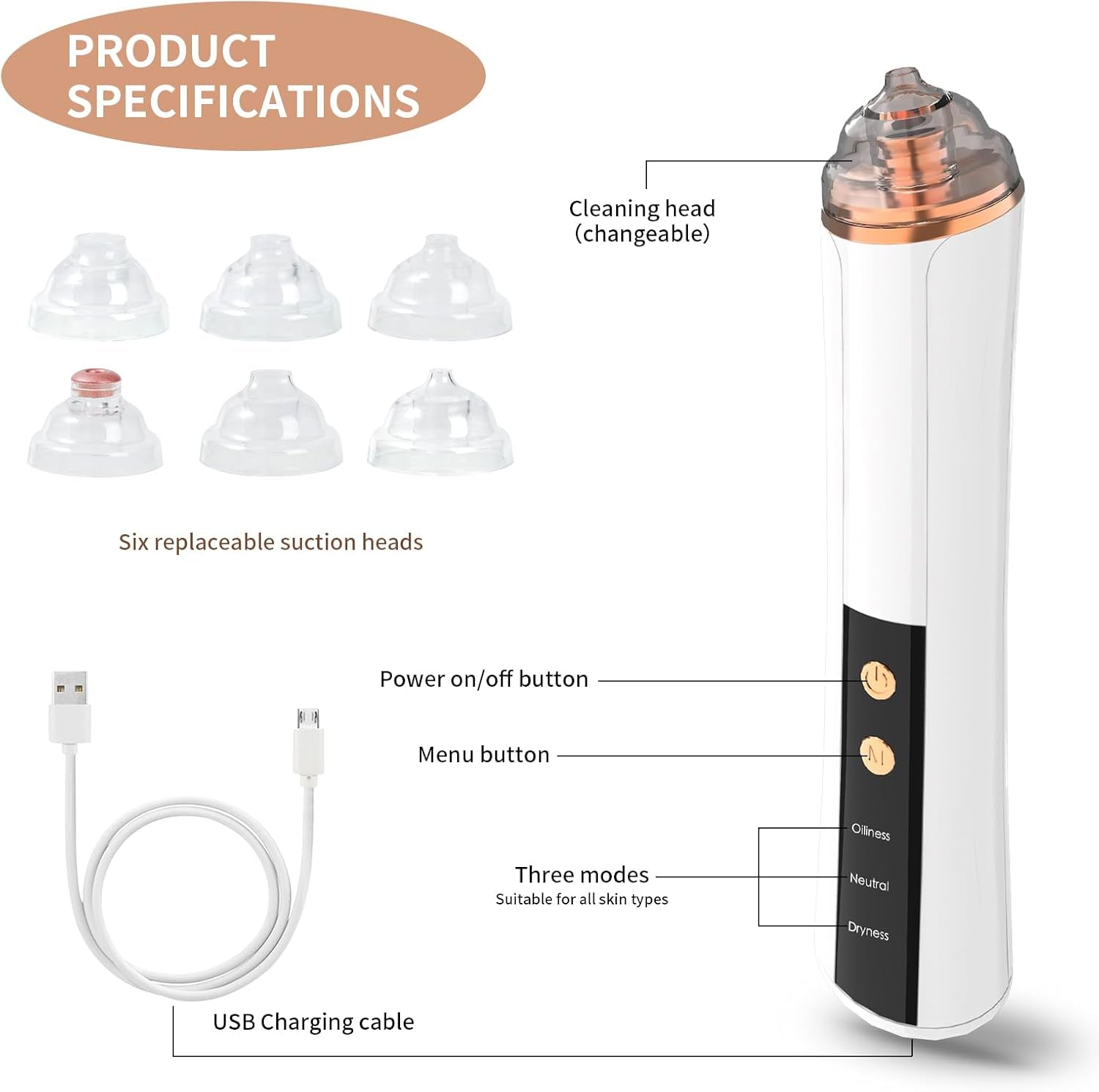 Blackhead Remover Pore Vacuum,Facial Pore Cleaner-6 Suction Power,3 Adjustable Suction Levels,Usb Rechargeable Blackhead Vacuum Kit Electric Acne Extractor Tool for Women & Men (White)