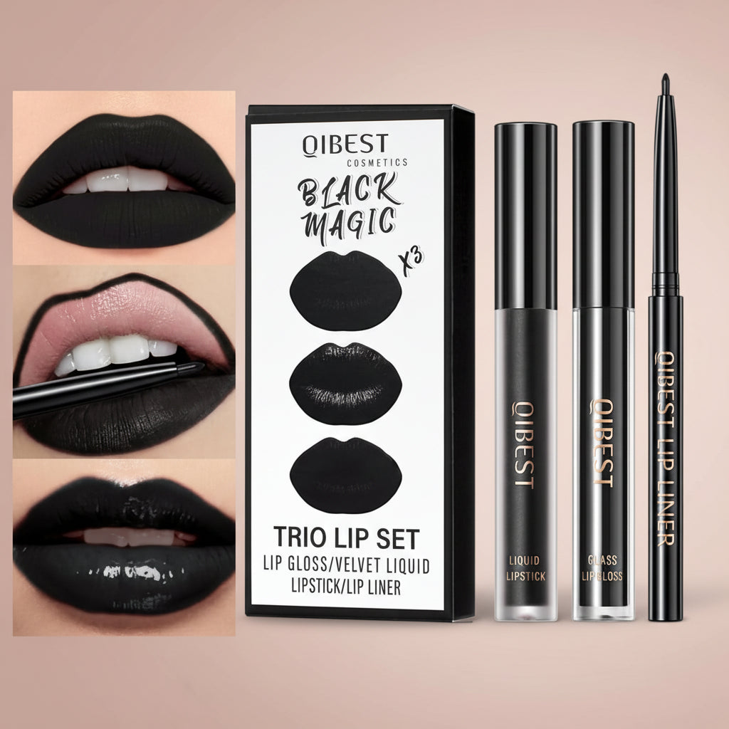 3Pcs Black Matte Liquid Lipstick,High-Pigment Lip Colors,3 in 1 Black Lipstick and Lip Liner Lip Gloss Trio Lip Set Moisturizing Velvet Long-Lasting Waterproof Lip Makeup Set for Women and Girls