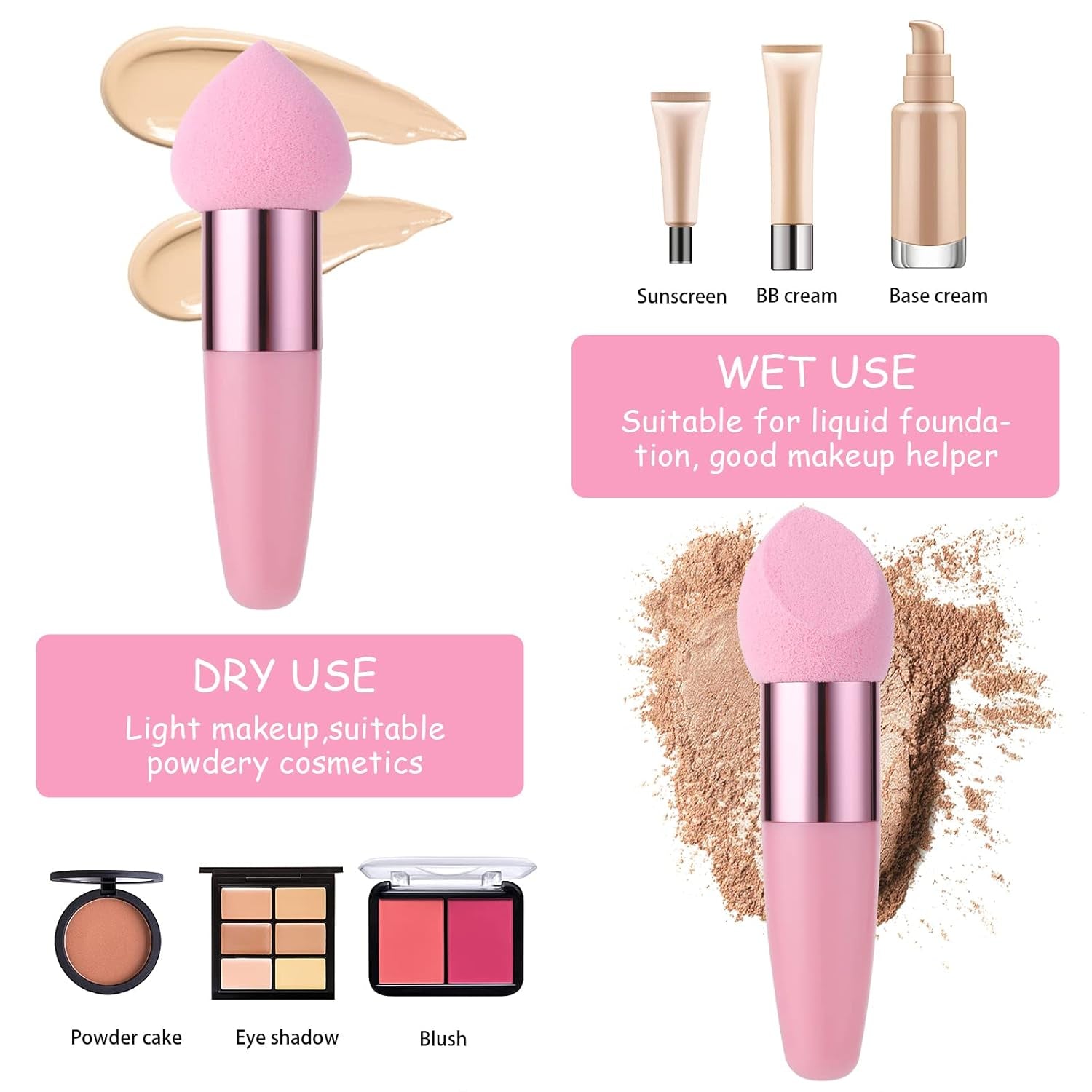 3 PCS Makeup Sponges Foundation Cosmetic Blending Wet and Dry Make up Applicator Cosmetic Concealer Face Brush Egg Brushes Covers Eyes Sticks Powder Puff with Handle
