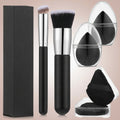 6Pcs Foundation Brush for Liquid Makeup,Liquid Foundation Brush with Makeup Sponge and Powder Puff for Foundation, Powder, Blush, and Concealer(Black)