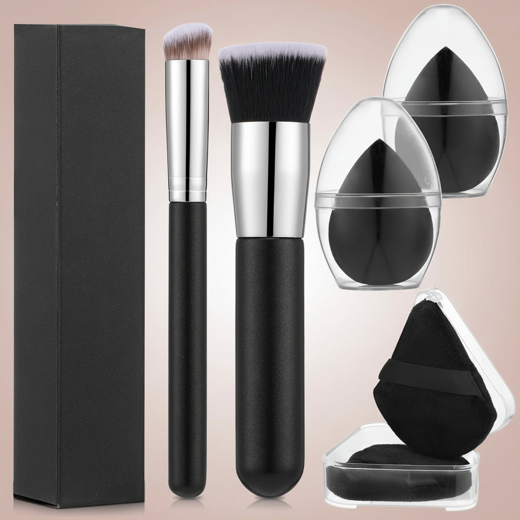 6Pcs Foundation Brush for Liquid Makeup,Liquid Foundation Brush with Makeup Sponge and Powder Puff for Foundation, Powder, Blush, and Concealer(Black)