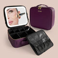 Travel Makeup Bag with LED Mirror, Rechargeable Lighted Makeup Case with Adjustable Brightness & Dividers, Portable Makeup Box Organizer Vanity Case for Toiletries & Brushes, Plum Purple