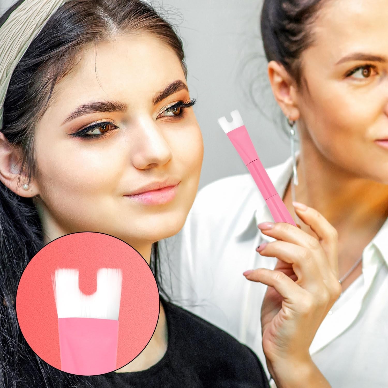 Nose Contour Brush, U Shaped Makeup Brush Dual End Nose Contour Brush Pro Contour Duo Brush for Sculpting and Defining Nose Cheek Bones Contour (Pink)