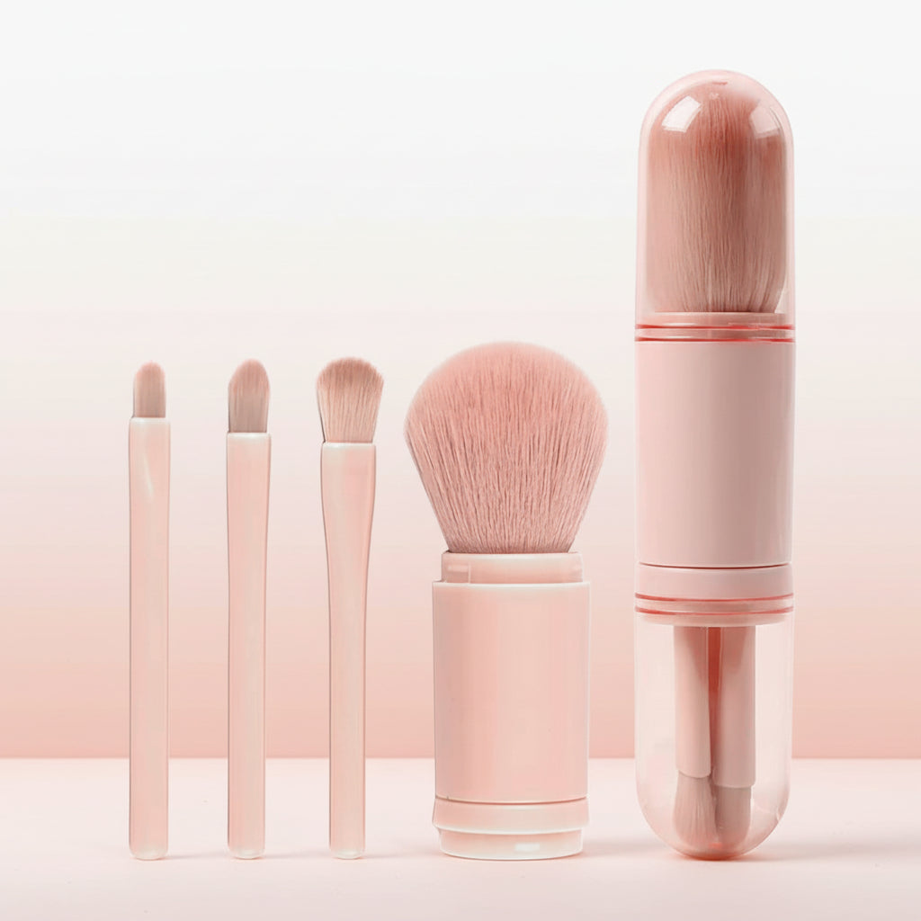 Makeup Brushes Set Portable - 4 in 1 Travel Powder Brush, Lip Brush, Eyeshadow Brush, Highlight Brush, Foundation Blending Powder Brushes Retractable Make up Brushes Set, Pink