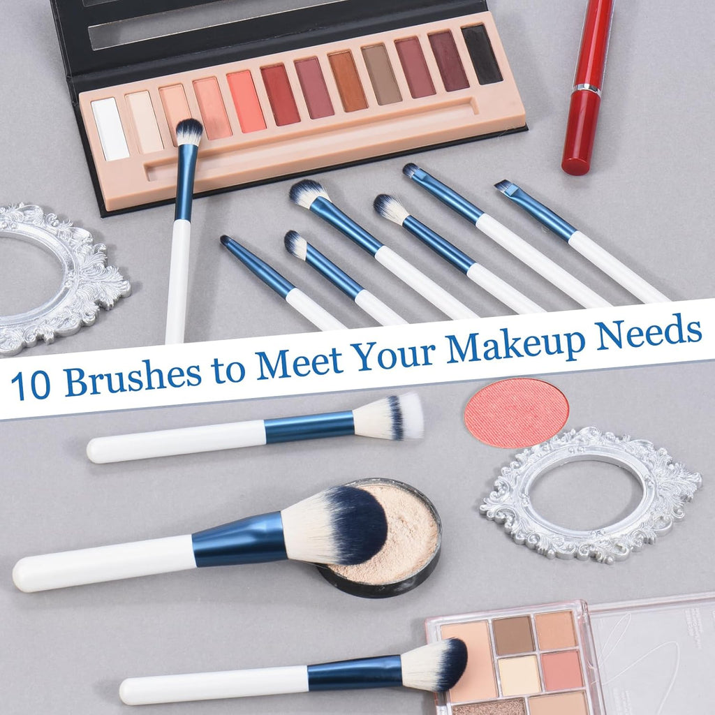 Makeup Brushes Set with Case 10Pcs White Makeup Brush Kit Foundation Eyeshadow Powder Blending Kabuki Eyebrow Eyelash Brushes Cosmetic Brush Travel Kit Gift (White+Blue)