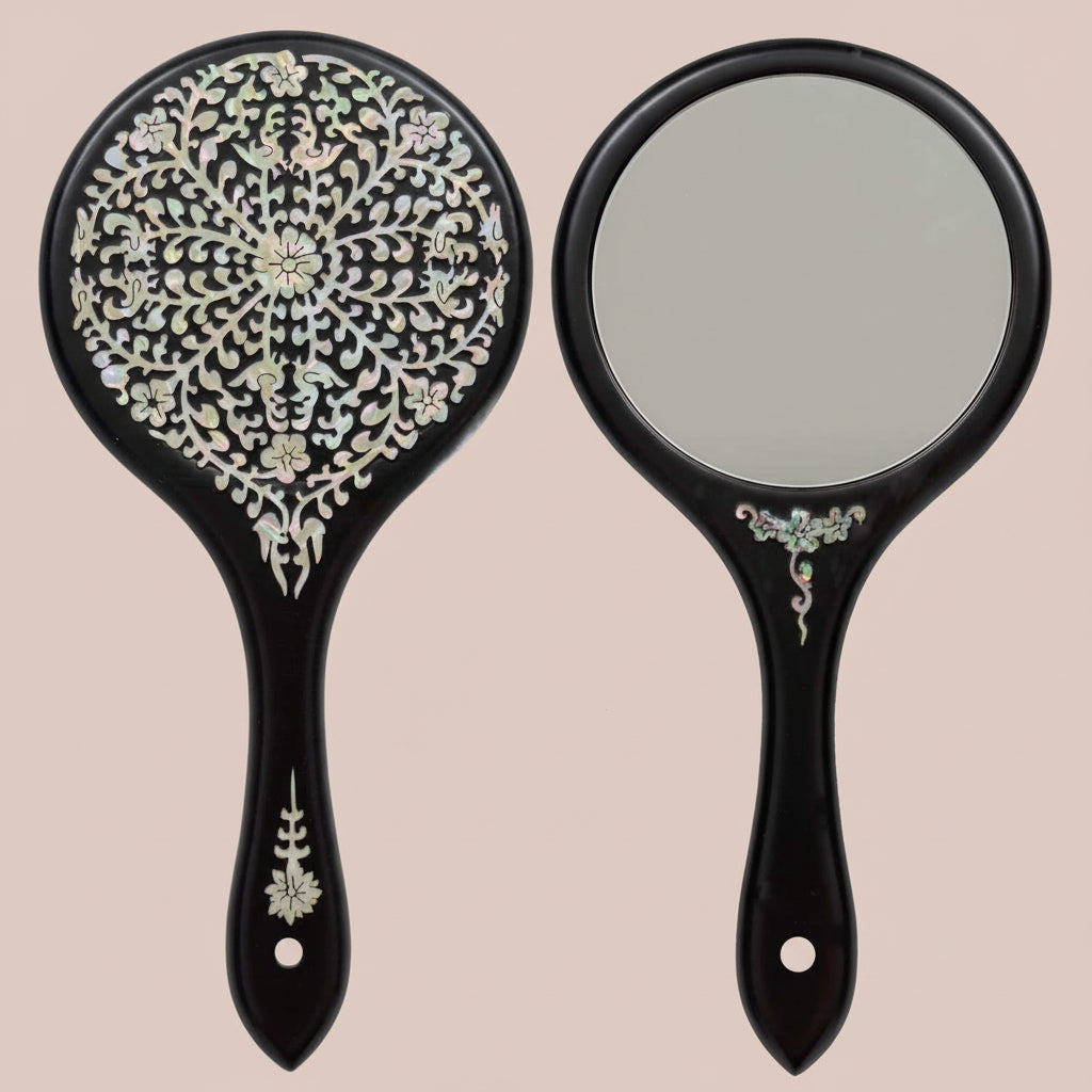 Mother-Of-Pearl Hand Mirror – Korean Black Lacquer Mirror with Floral Inlay – Gift for Women, Mom, Wife, Daughter – Birthday, Mother’S Day, Christmas, Anniversary