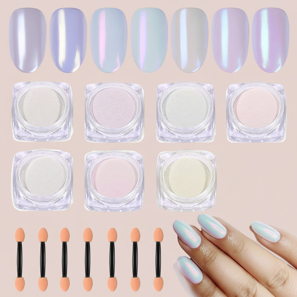 7 Color Symphony Mermaid Pearl Neon Ice Aurora Dust - White High Glossy Metallic Mirror Effect Nail Powder