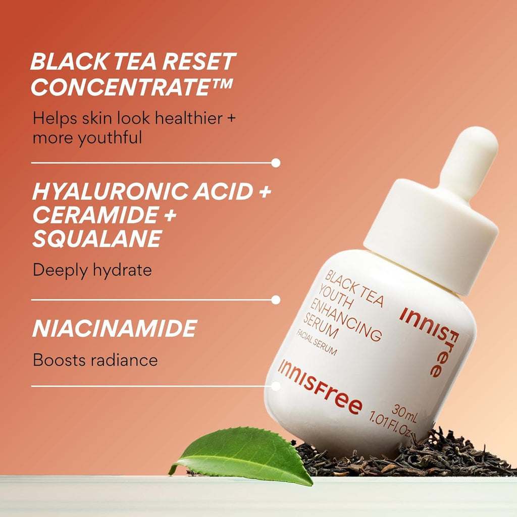 Innisfree Black Tea Youth Serum, Korean Anti-Aging Treatment with Niacinamide for Radiance, Firm Skin, Hydration, and Visible Skin Renewal