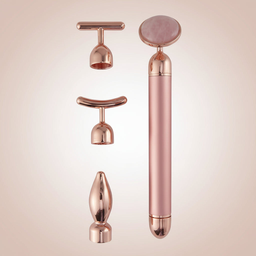 4 in 1 Vibrating Rose Quartz Roller Face Roller Eye Massager Jade Roller T/V Shaped Face Lifting Slimming Beauty Care Massager