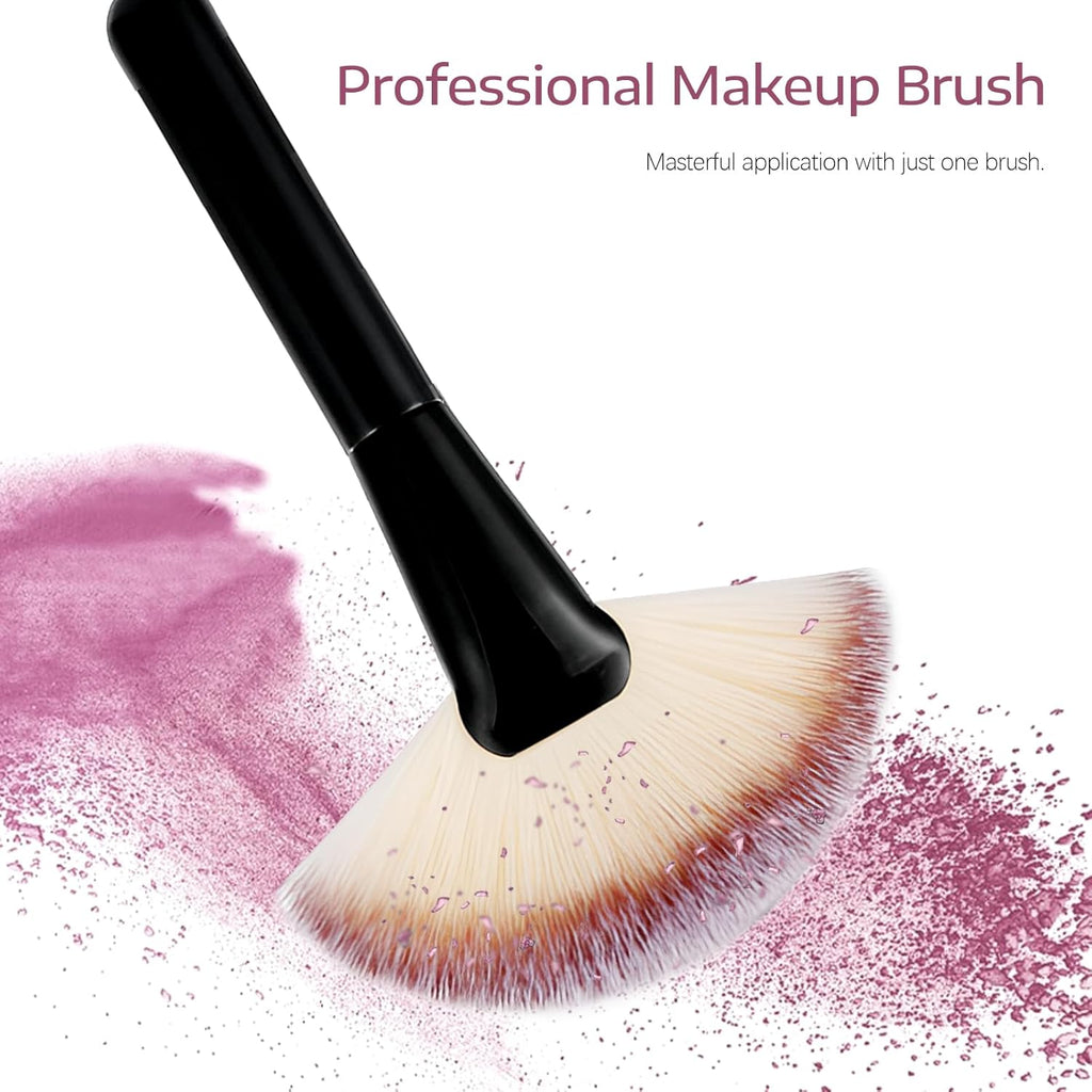 Black Makeup Brushes with Wood Handle - Large Fan Brush and Powder Foundation Brush for Cosmetics, Ideal for Liquid and Powder Applications