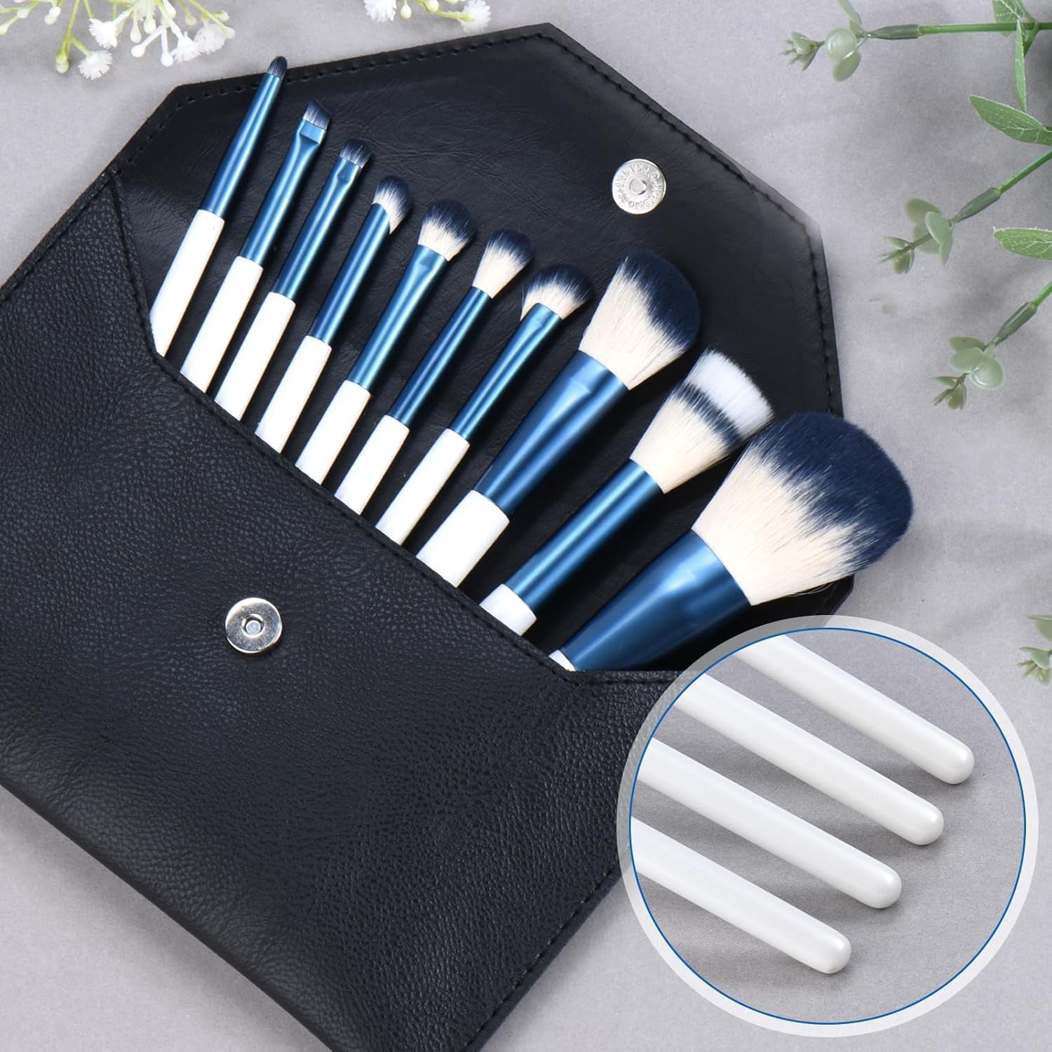 Makeup Brushes Set with Case 10Pcs White Makeup Brush Kit Foundation Eyeshadow Powder Blending Kabuki Eyebrow Eyelash Brushes Cosmetic Brush Travel Kit Gift (White+Blue)