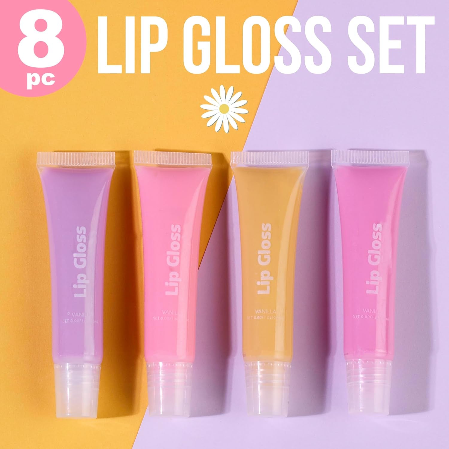 8Pc Lip Gloss Set - Flavored Squeeze Tube Lip Glosses Value Pack, Daisy Lip Gloss in Assorted Fruity Flavors