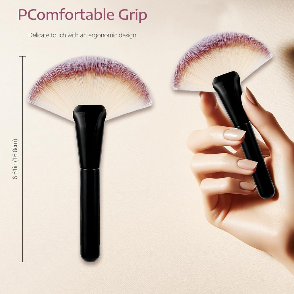 Black Makeup Brushes with Wood Handle - Large Fan Brush and Powder Foundation Brush for Cosmetics, Ideal for Liquid and Powder Applications