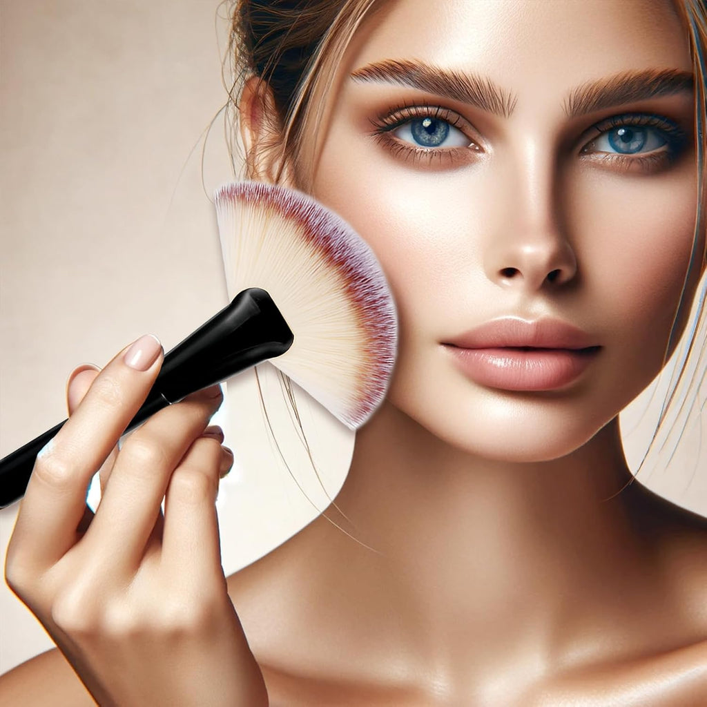 Black Makeup Brushes with Wood Handle - Large Fan Brush and Powder Foundation Brush for Cosmetics, Ideal for Liquid and Powder Applications