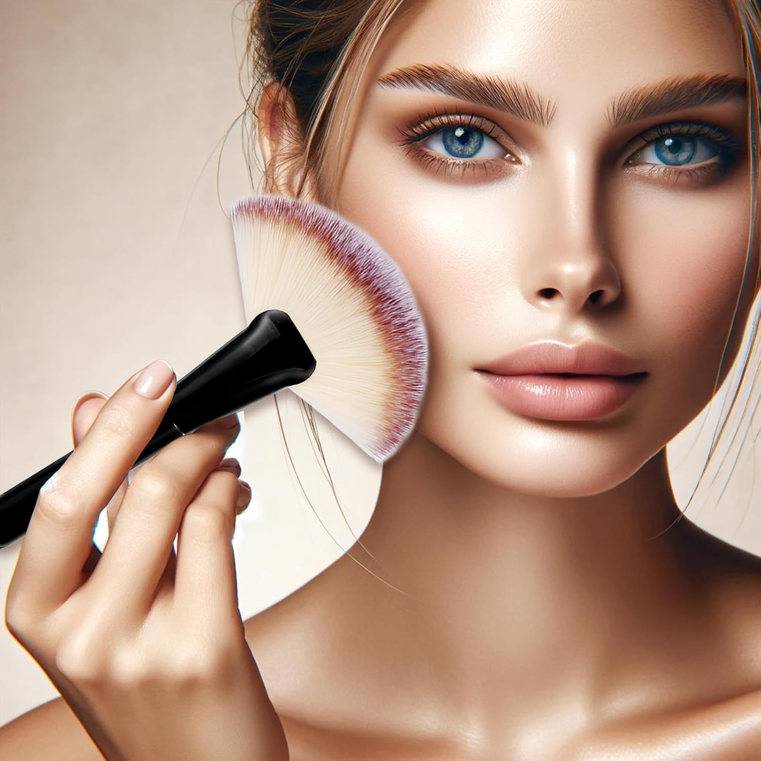 Black Makeup Brushes with Wood Handle - Large Fan Brush and Powder Foundation Brush for Cosmetics, Ideal for Liquid and Powder Applications