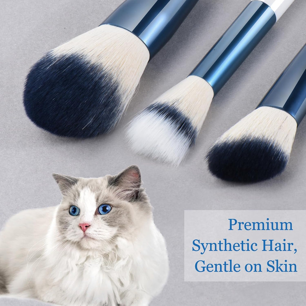Makeup Brushes Set with Case 10Pcs White Makeup Brush Kit Foundation Eyeshadow Powder Blending Kabuki Eyebrow Eyelash Brushes Cosmetic Brush Travel Kit Gift (White+Blue)