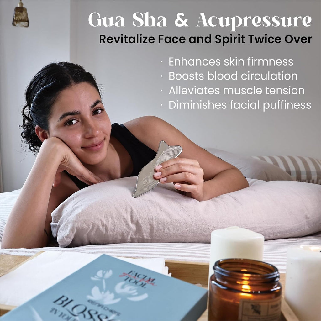 Stainless Steel Gua Sha Facial Tools - Acupressure & Gua Sha for Face Massage, Jawline Sculpting, Puffiness Reduction, Skin Care Tool (Silver)